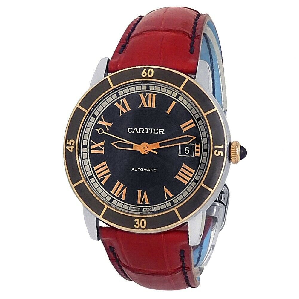 Cartier Ronde Croisiere Stainless Steel Leather Auto Grey Men's Watch