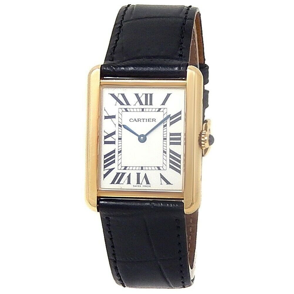 Cartier Tank Solo 18k Yellow Gold Leather Quartz Silver Men's Watch