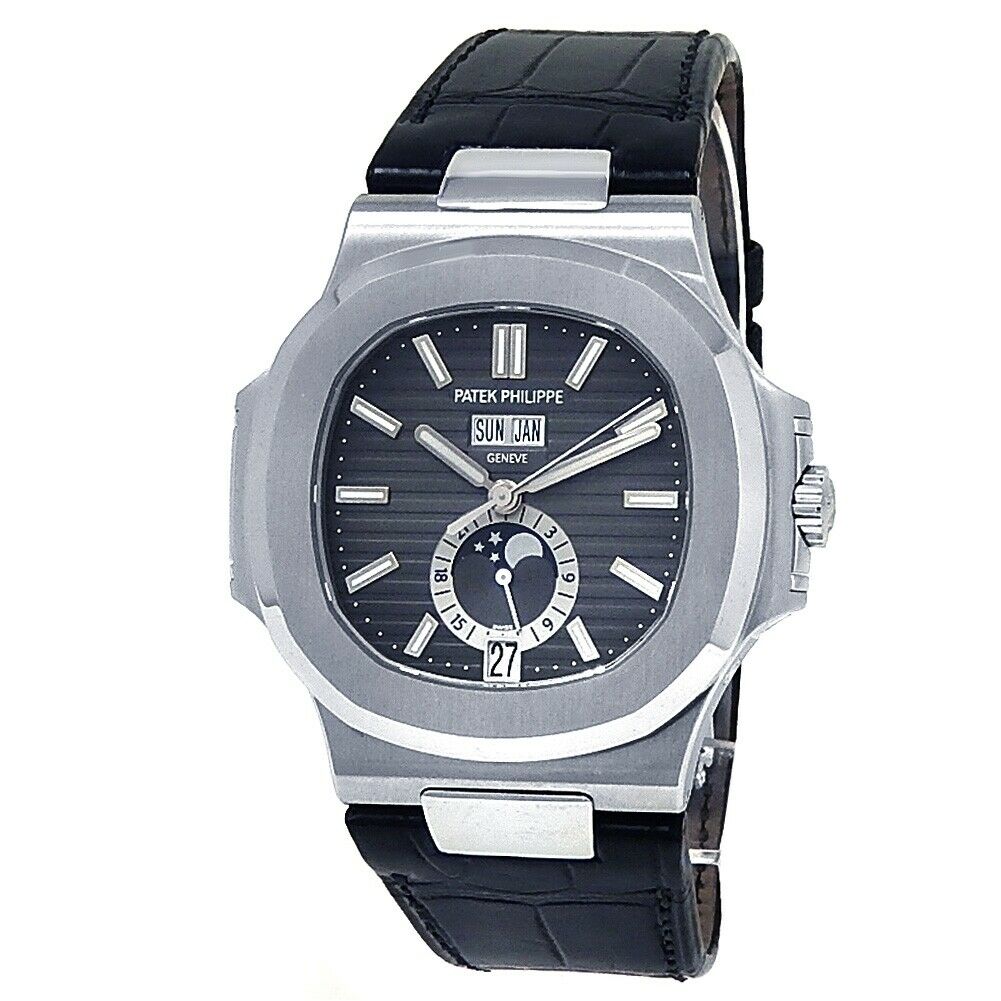 Patek Philippe Nautilus Stainless Steel Leather Auto Black Men's Watch 5726A-001