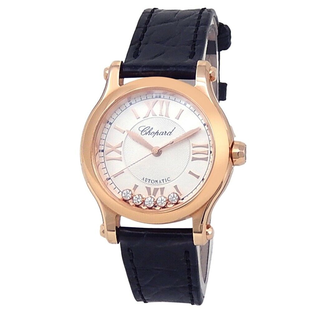 Chopard Happy Sport 18k Rose Gold Leather Auto Silver Ladies Watch 274893-5011