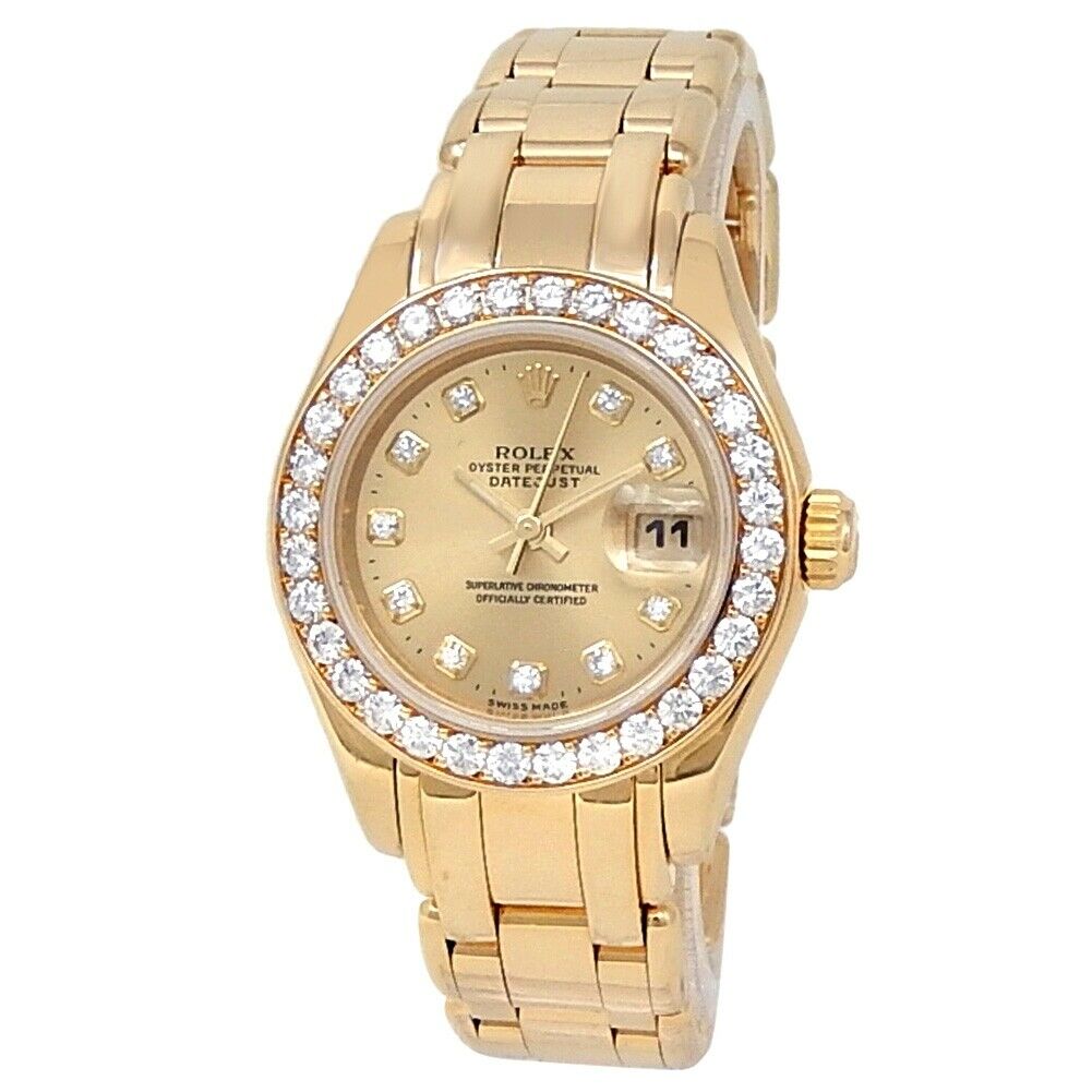 Rolex Datejust 18k Yellow Gold Pearlmaster Auto Champagne Ladies Watch 69298