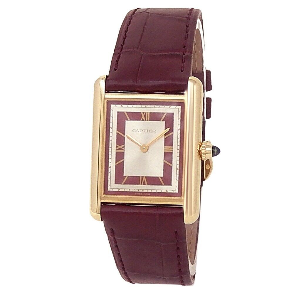 Cartier Tank Louis 18k Yellow Gold Leather Manual Silver Red Mens Watch WGTA0059