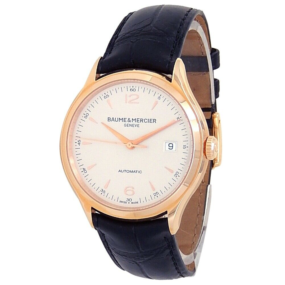 Baume & Mercier Clifton 18k Rose Gold Leather Auto Silver Men's Watch