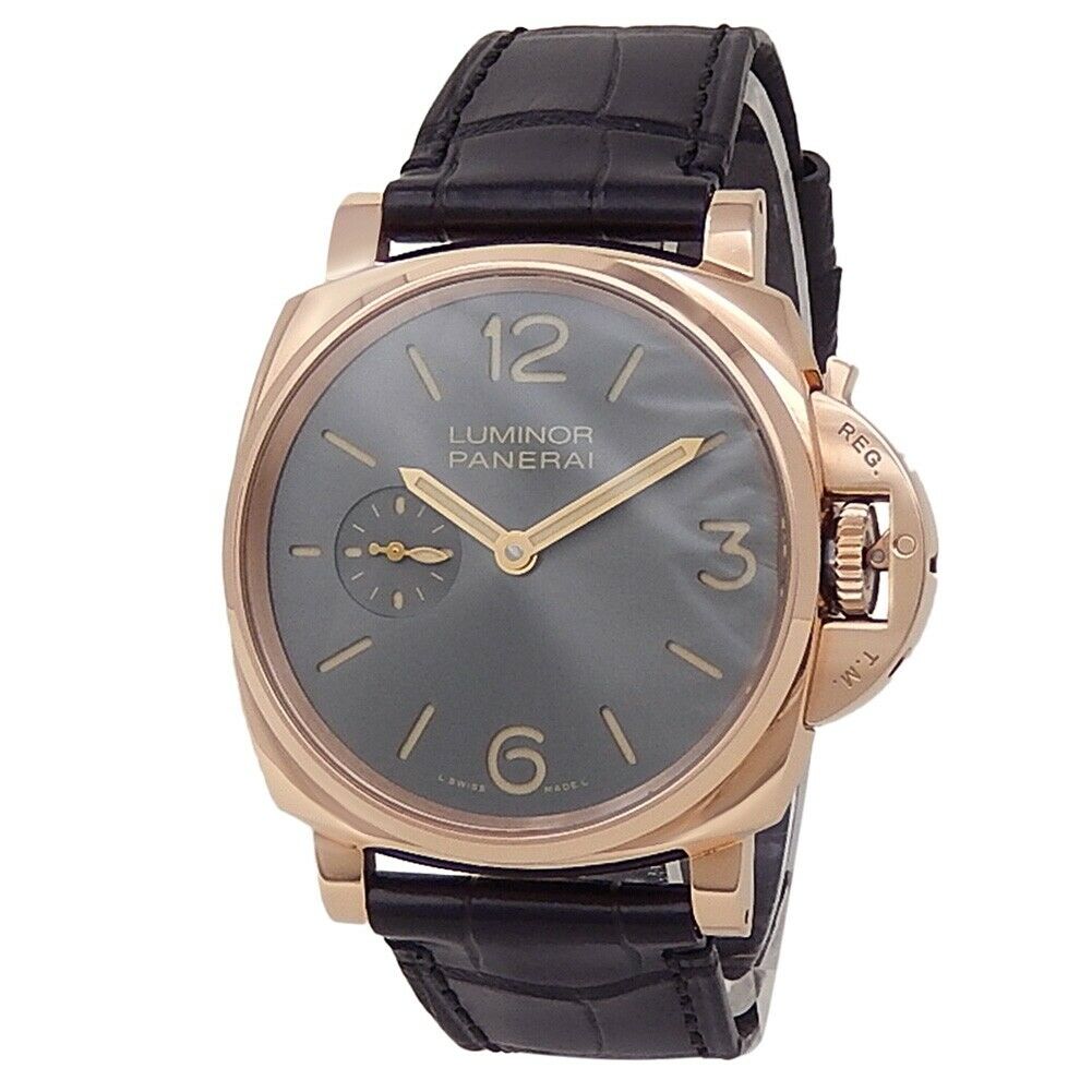 Panerai Luminor Due 18k Rose Gold Black Leather Manual Grey Men's Watch
