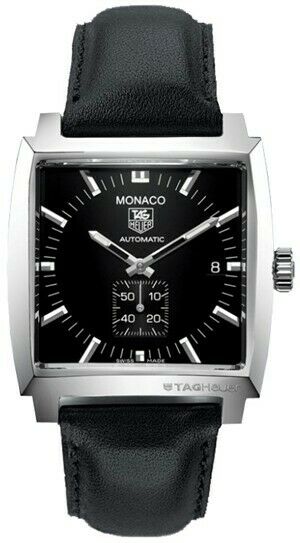 AUTHENTIC TAG HEUER MONACO AUTOMATIC CALIBRE 6 BLACK LEATHER WATCH