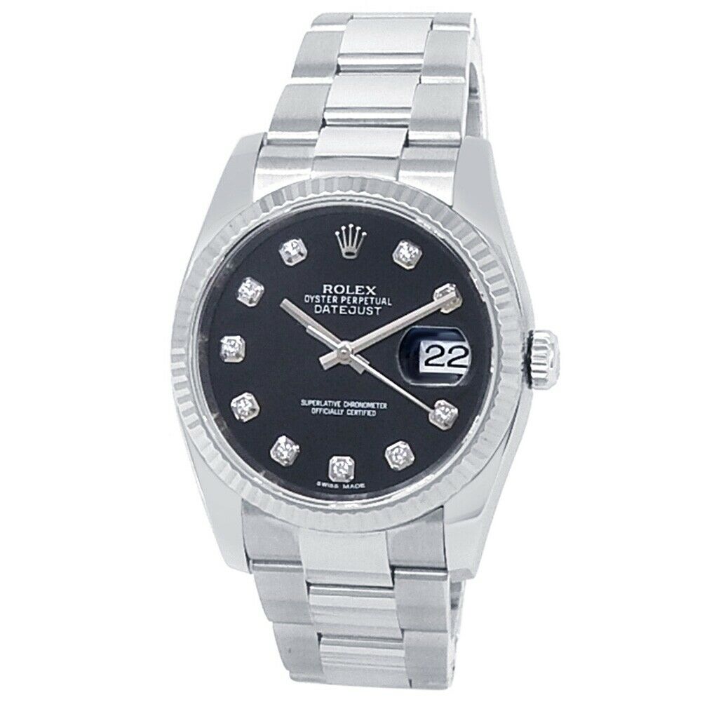 Rolex Datejust Stainless Steel Oyster Auto Diamonds Black Men's Watch