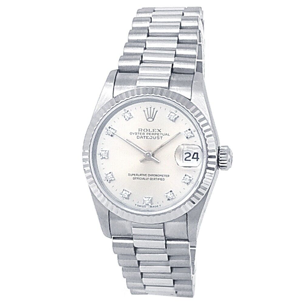 Rolex Datejust 18k White Gold President Auto Diamonds Silver Midsize Watch