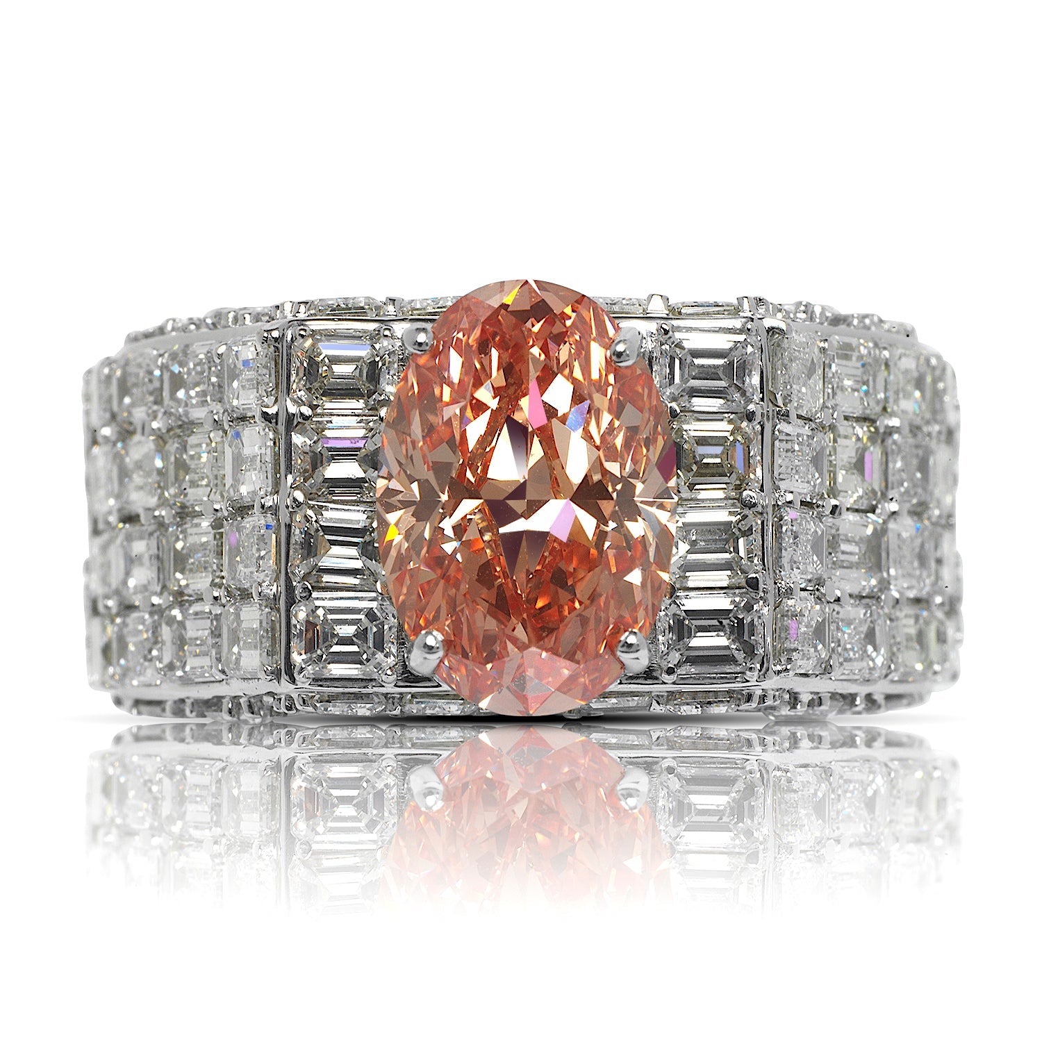 20 CARAT MEN’S PINK DIAMOND CHANDELIER RING 14K WHITE GOLD FANCY VIVID ORANGY PINK 4 CT OVAL CUT VS2 CLARITY GIA CERTIFIED BY MIKE NEKTA