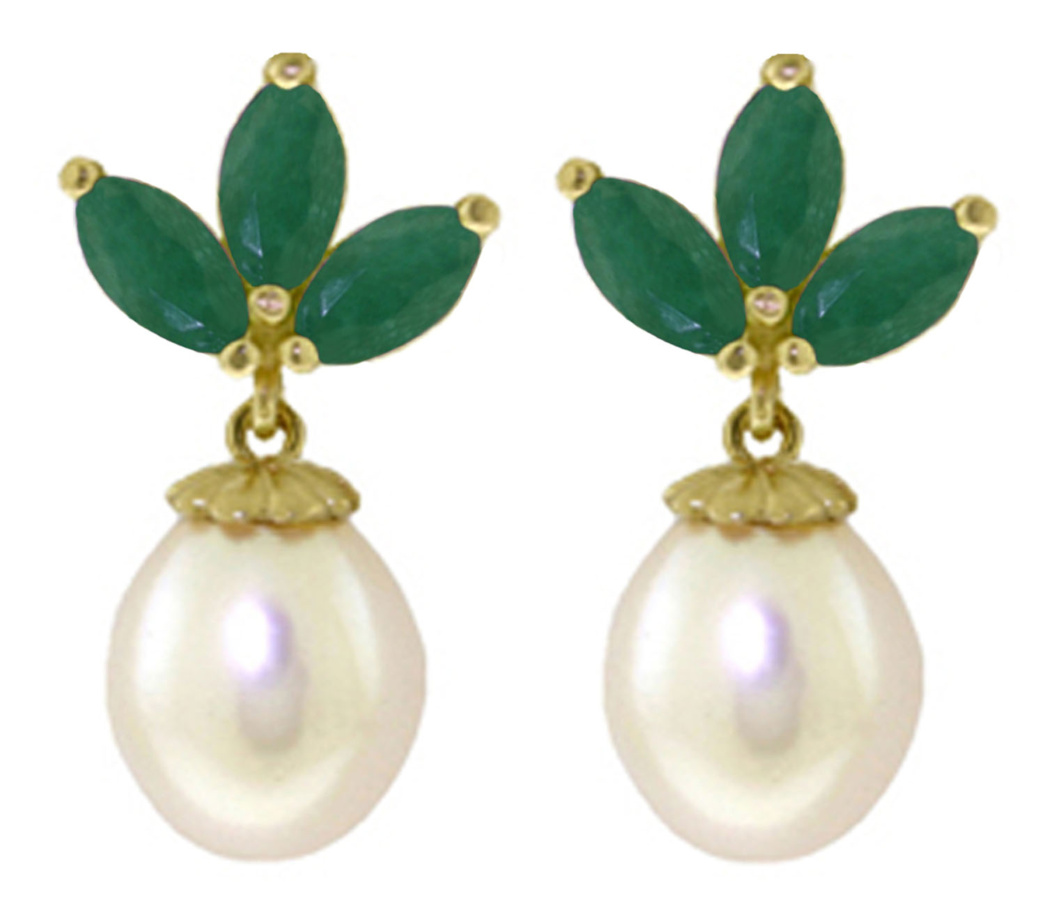 9.5 CTW 14K Solid Gold Dangling Earrings Cultured Pearl Emerald