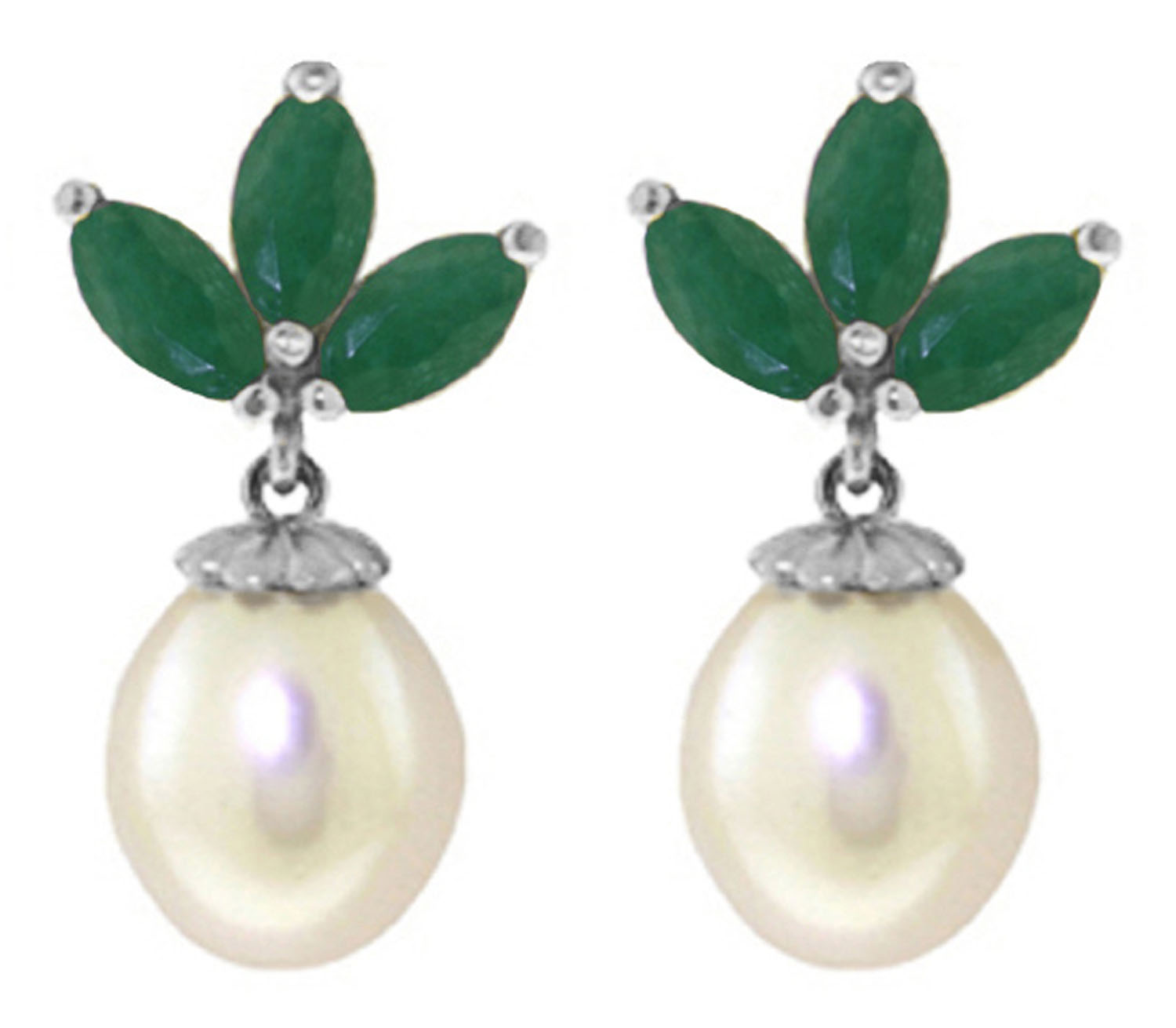9.5 CTW 14K Solid White Gold Dangling Earrings Cultured Pearl Emerald