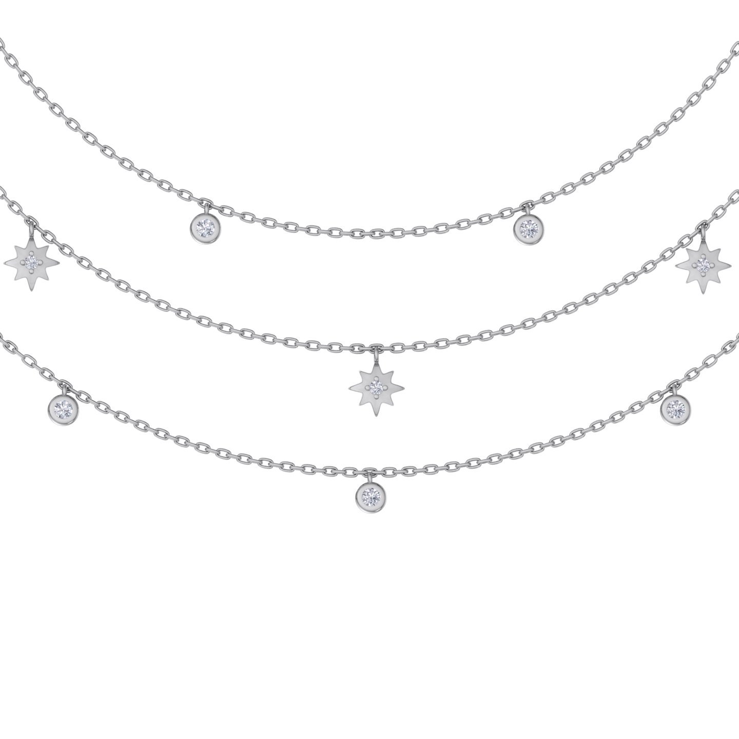 GLAM ® Multi-strand necklace with stars in 18K gold with white diamonds of 0.27 ct in weight