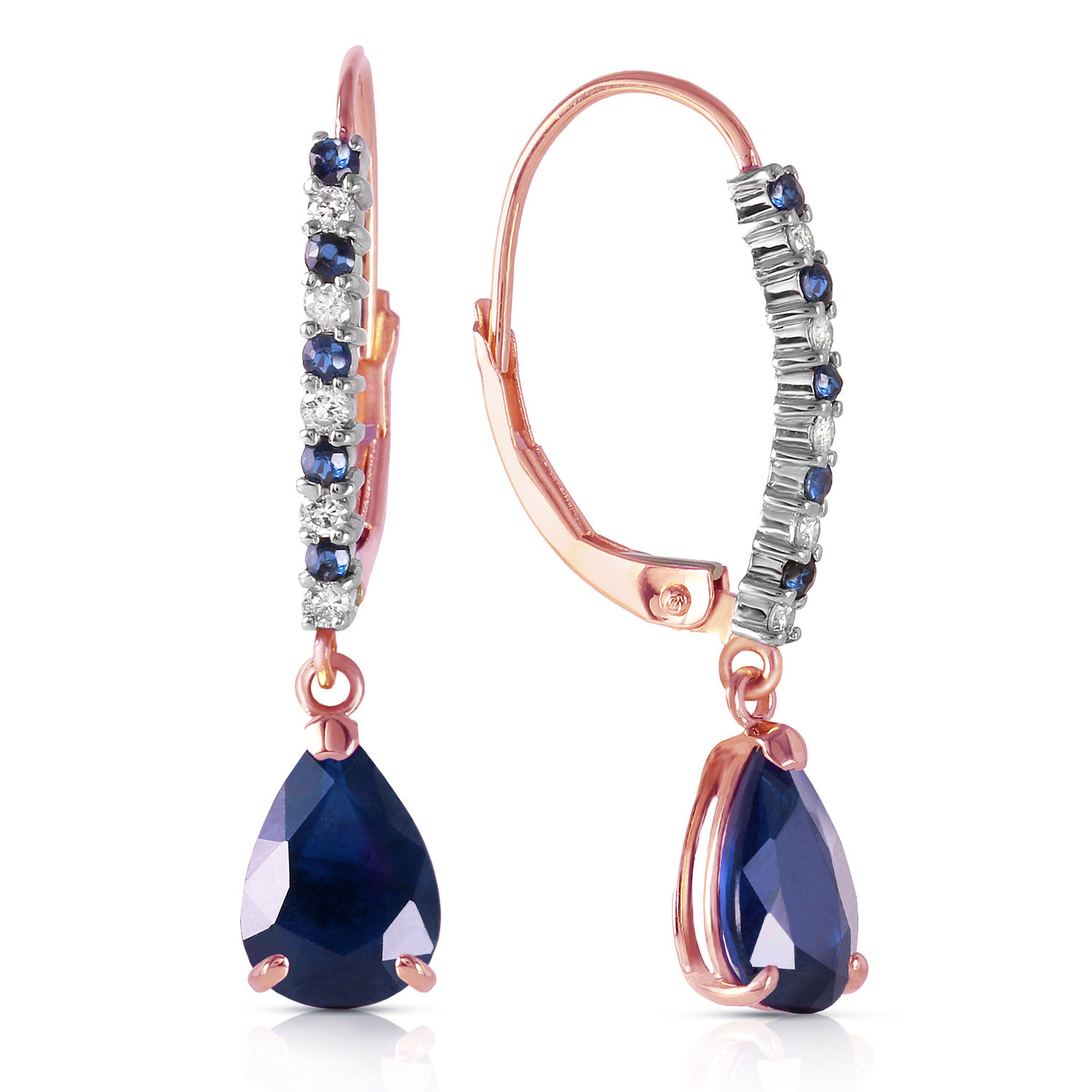 14K Solid Rose Gold Leverback Earrings withNatural Diamonds  Sapphires