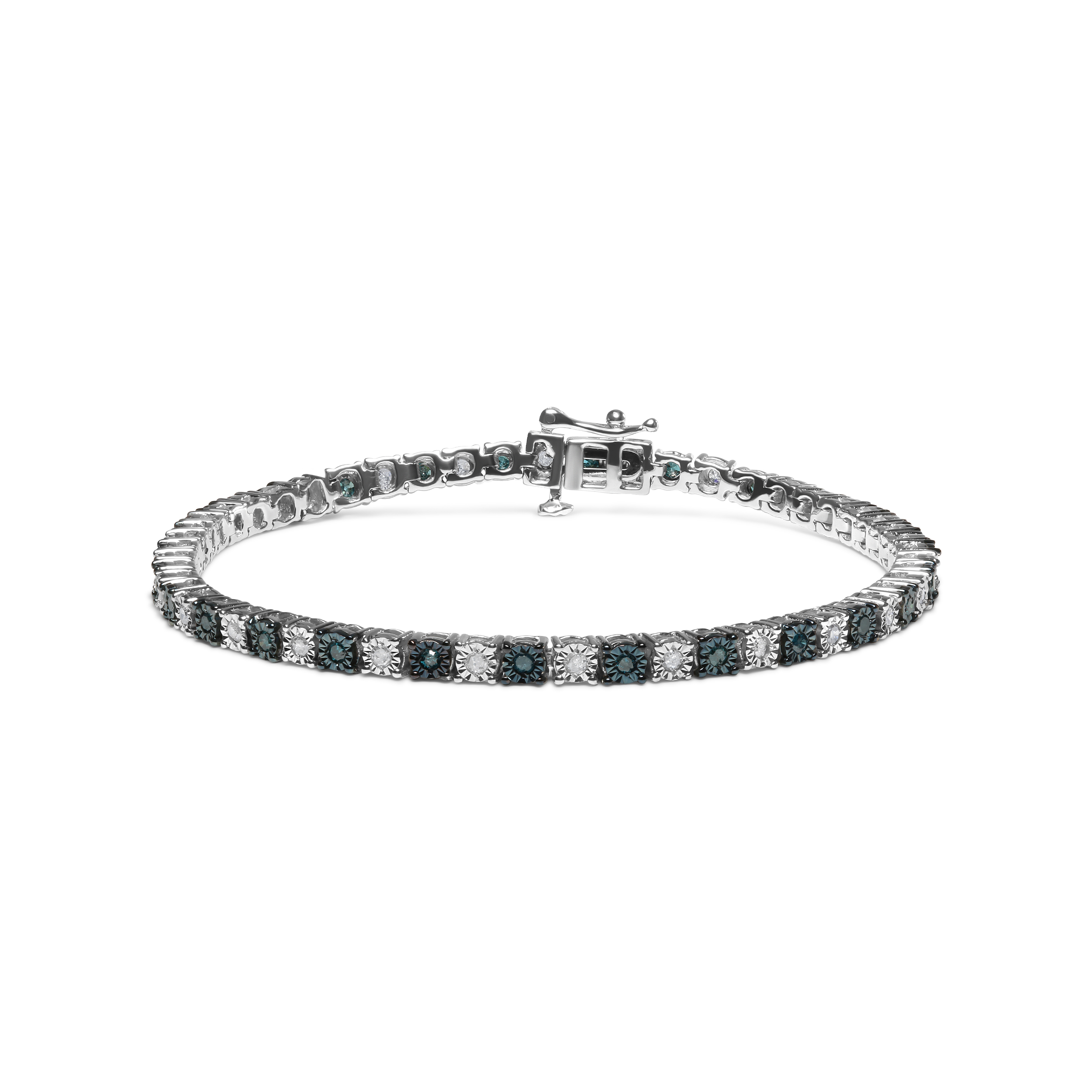True .925 Sterling Silver 1.0 Cttw with Alternating Round White Diamond and Round Treated Blue Diamond Tennis Bracelet (Blue and I-J Color, I3 claritys
) - Size 7" Inches