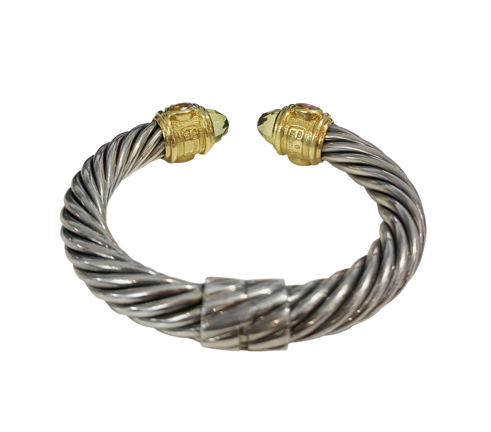 David Yurman Peridot Citrine Quartz Silver 18 Karat Yellow Gold Cable Bracelet