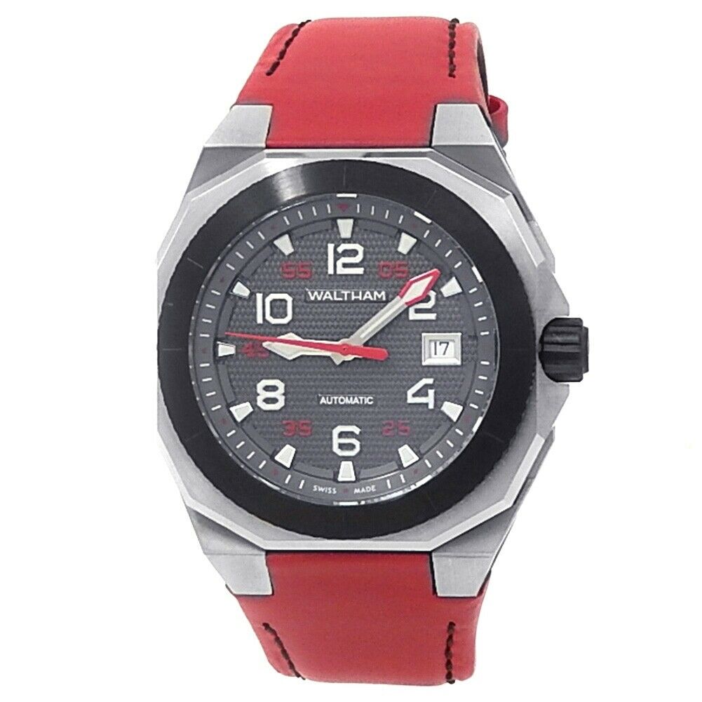 Waltham AeroNaval Stainless Steel Red Leather Automatic Black Men's Watch AN-01