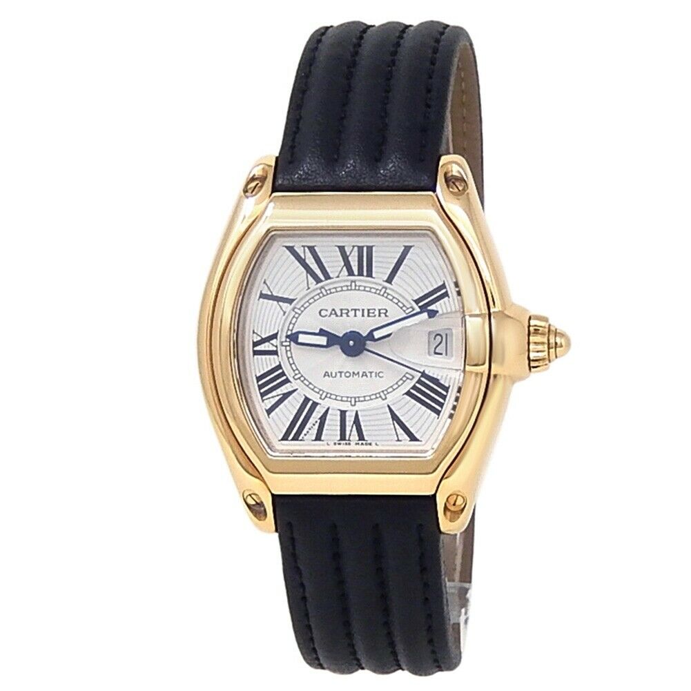Cartier Roadster 18k Yellow Gold Black Leather Auto Silver Men's Watch 