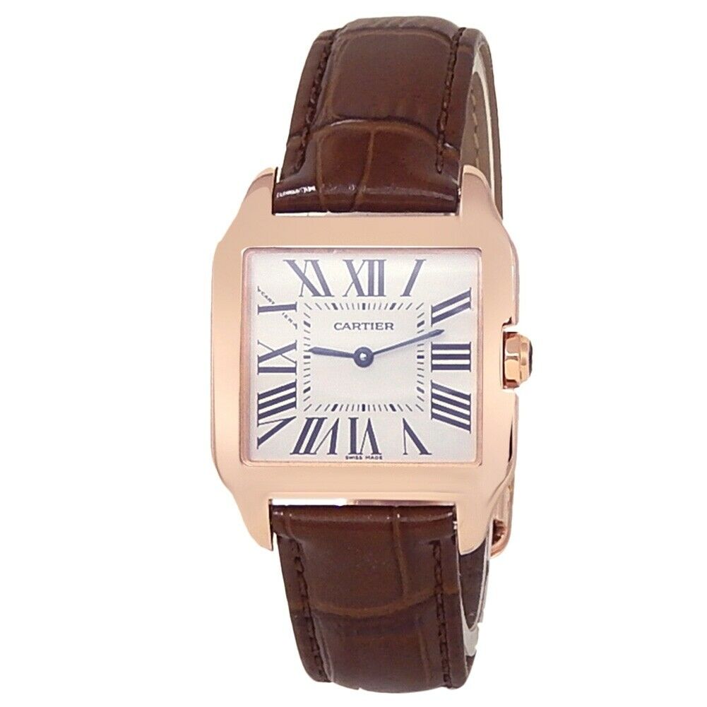 Cartier Santos Dumont 18k Rose Gold Leather Quartz Silver Ladies Watch W2009251
