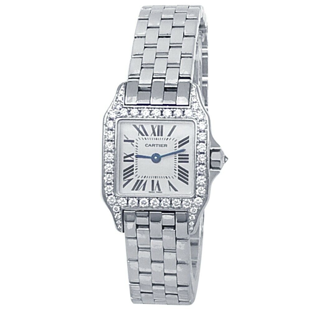 Cartier Santos Demoiselle 18k White Gold Diamonds Silver Watch WF9003Y8