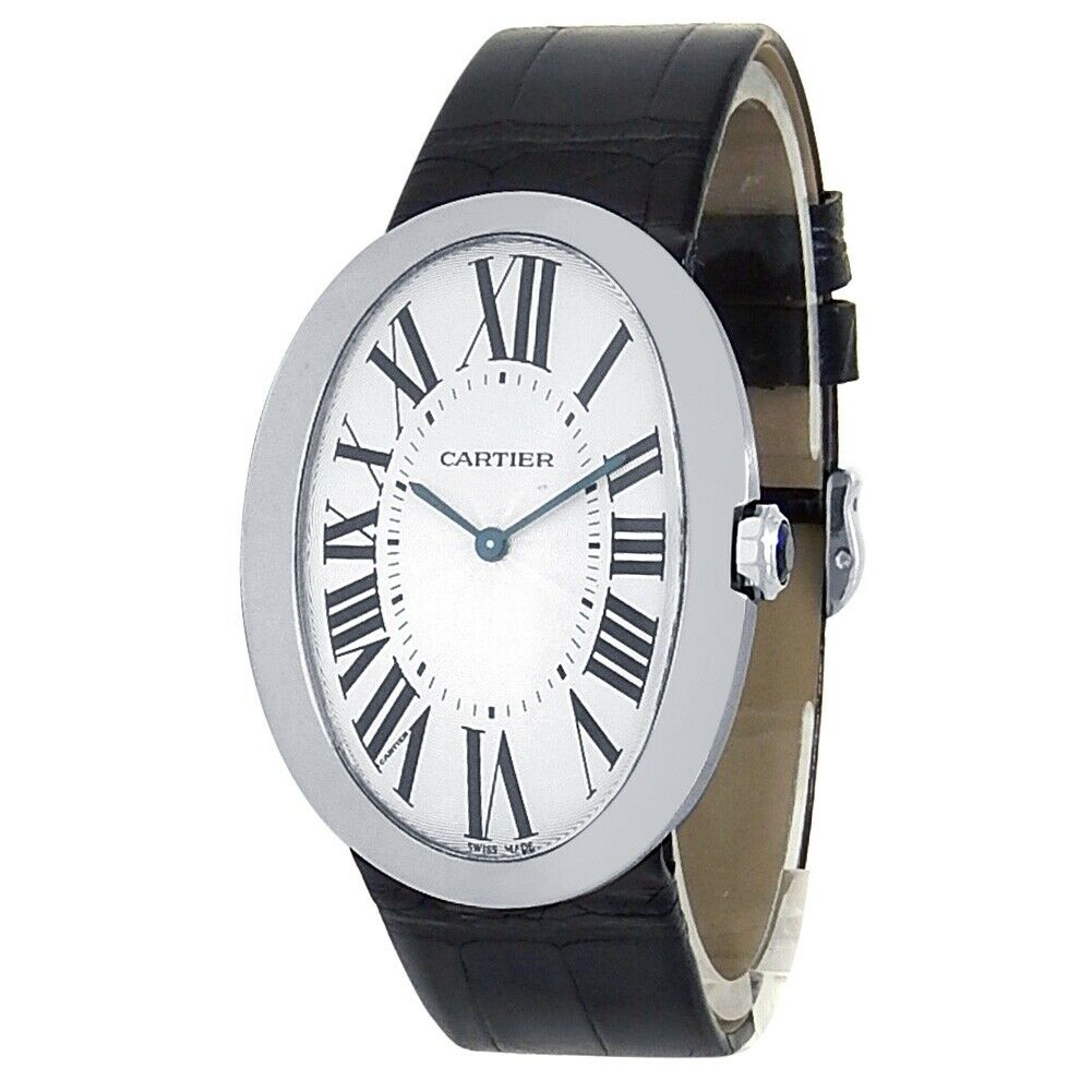 Cartier Baignoire 18k White Gold Leather Manual Silver Men's Watch