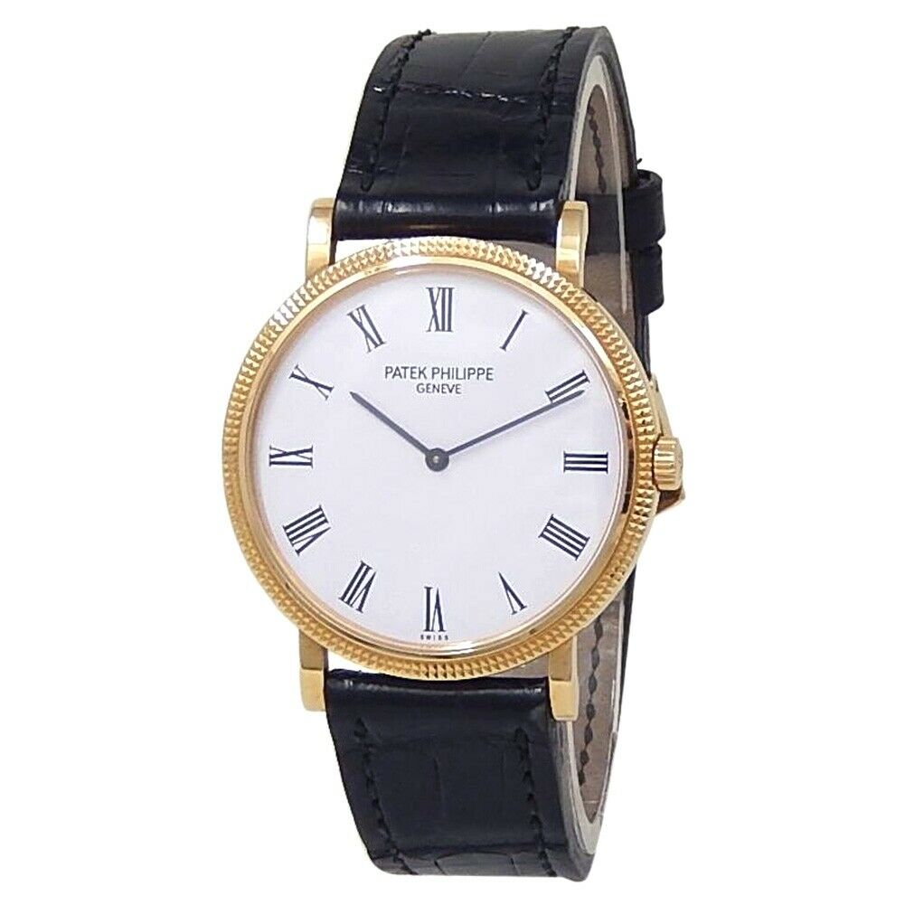 Patek Philippe Calatrava 18k Yellow Gold Leather Auto White Men's Watch