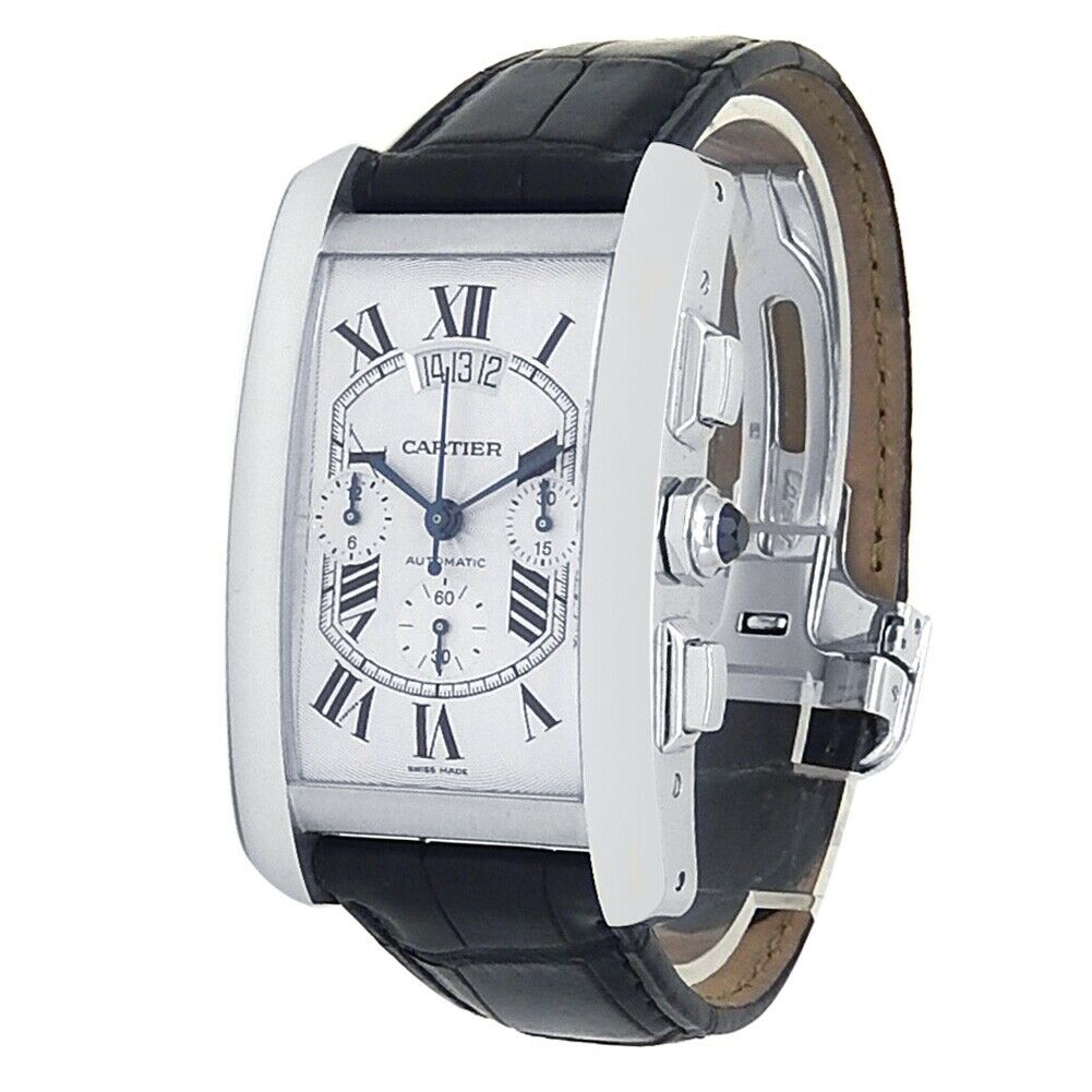 Cartier Tank Americaine XL 18k White Gold Leather Silver Men's Watch