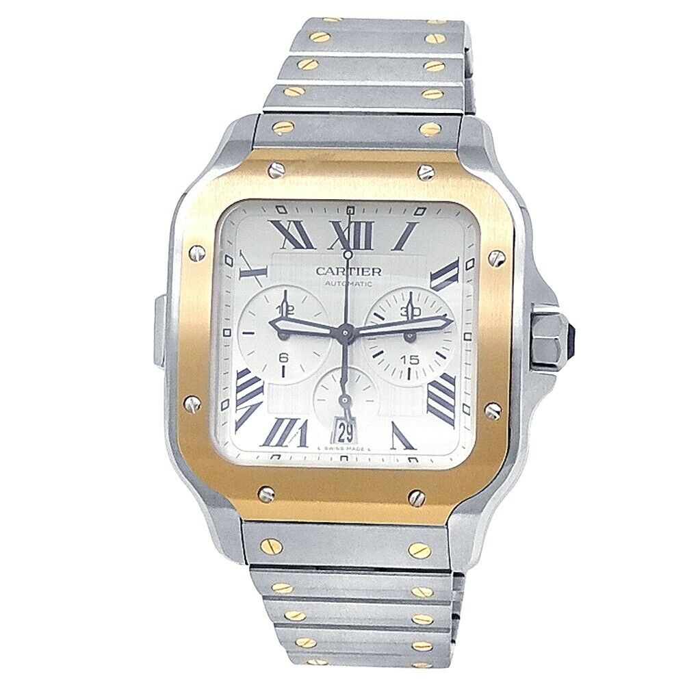 Cartier Santos de Cartier 18k Yellow Gold Steel Auto Silver Men's Watch