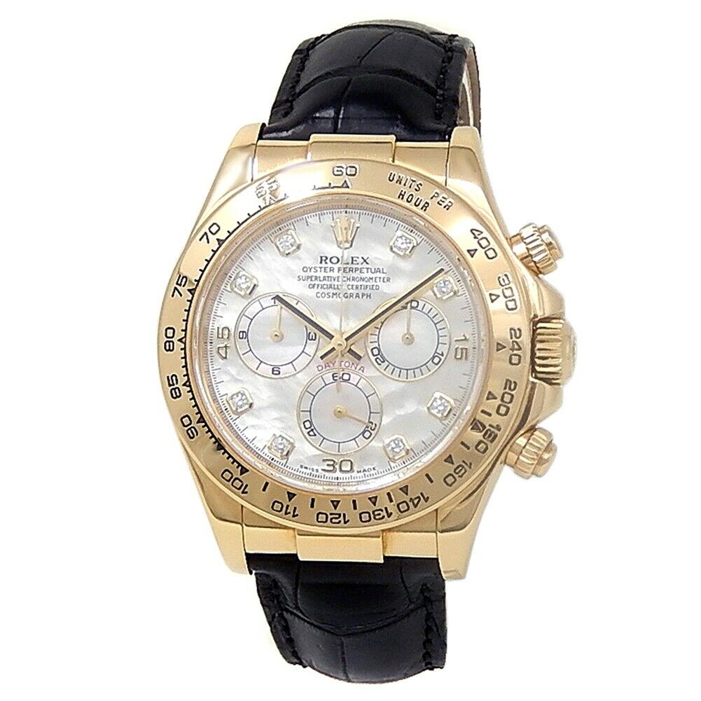 Rolex Daytona 18k Yellow Gold Leather Auto Mother of Pearl Men's Watch
