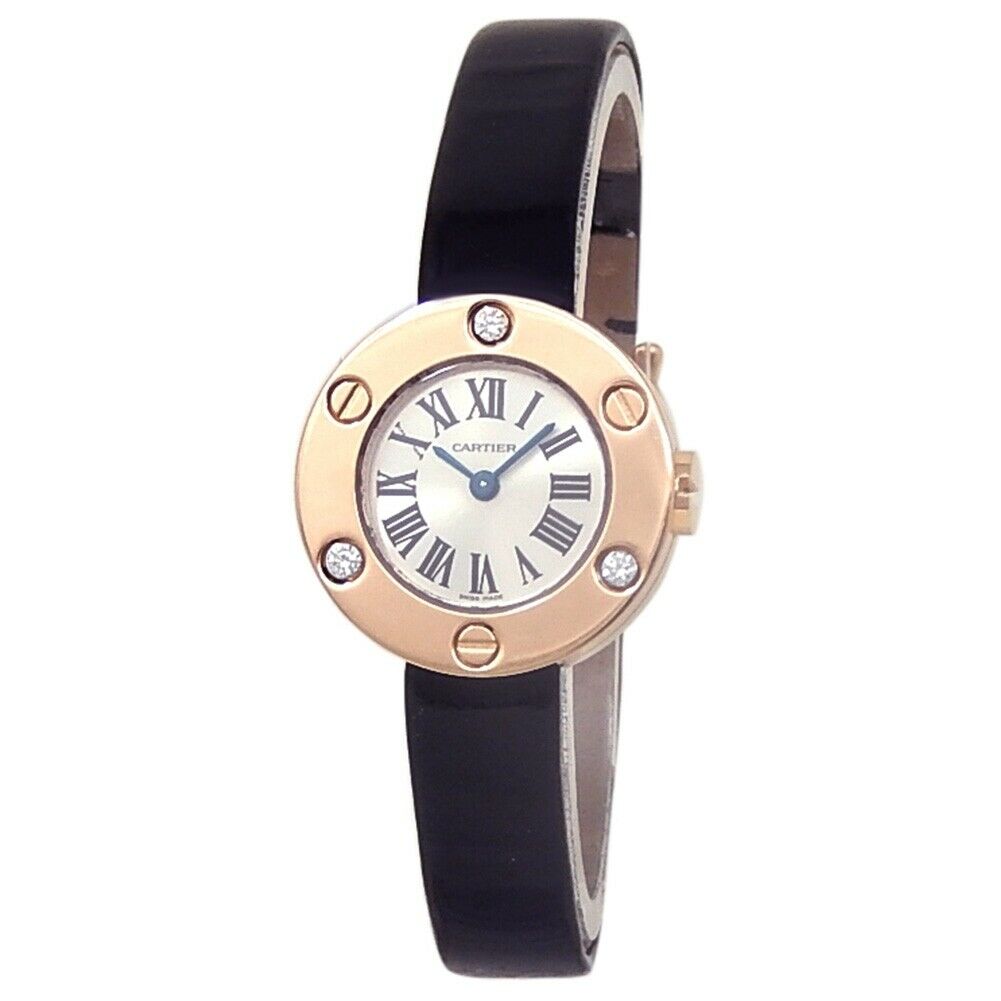 Cartier Love 18k Rose Gold Black Leather Quartz Silver Ladies Watch