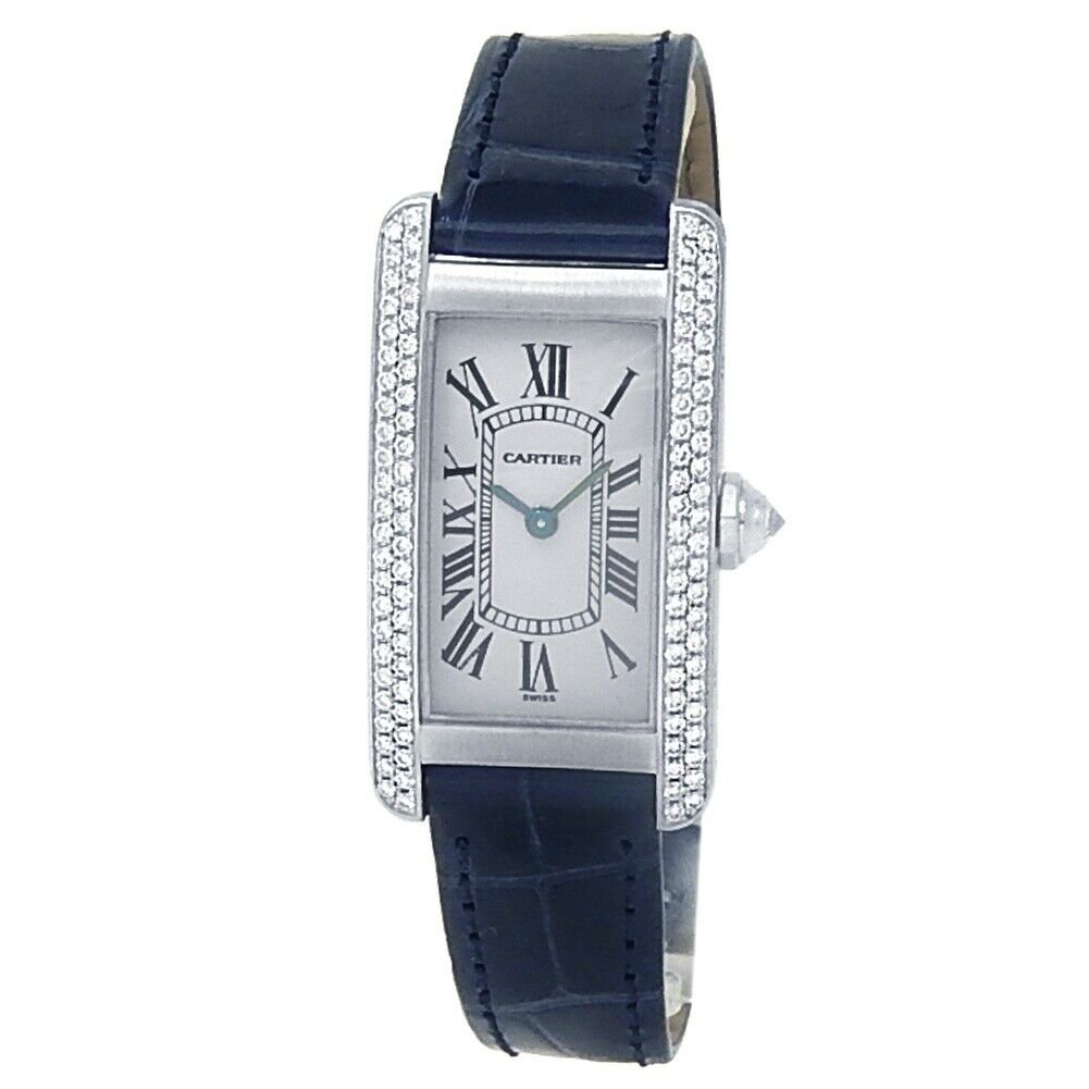 Cartier Tank Americaine 18k White Gold Leather Diamonds White Ladies Watch
