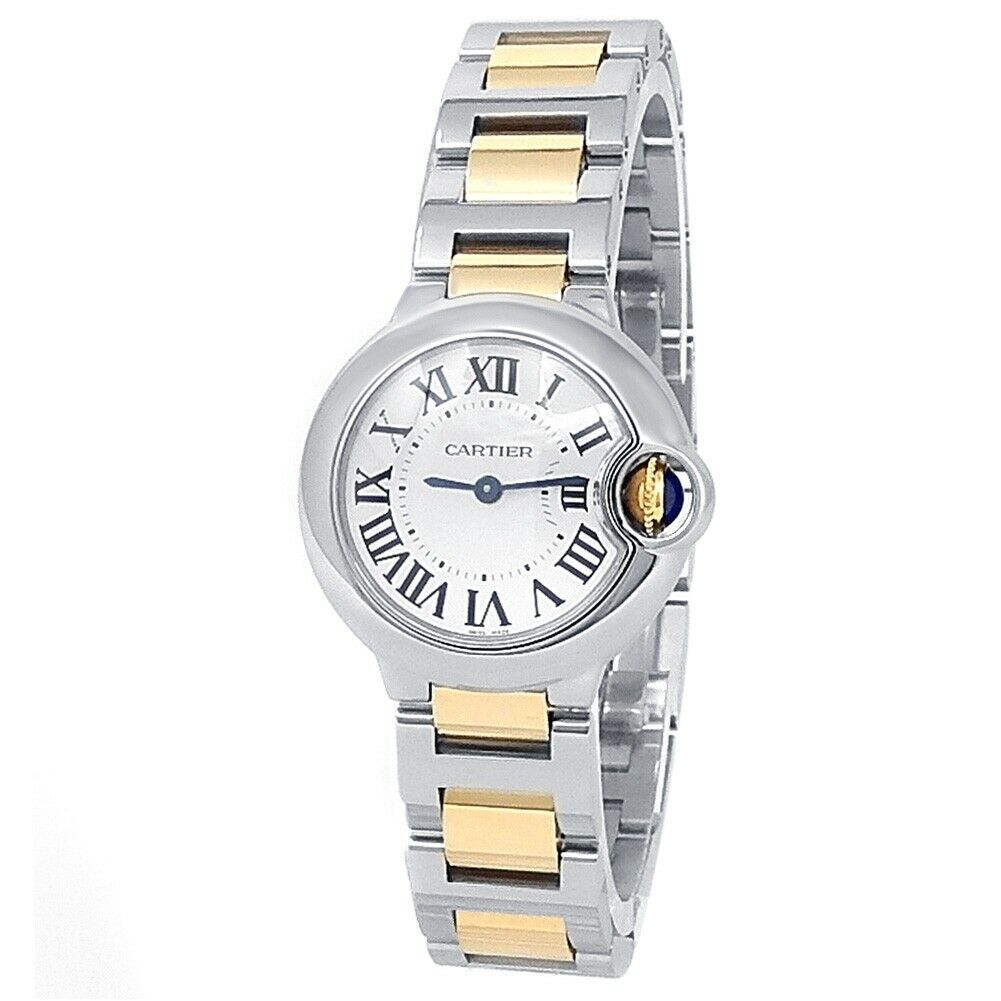 Cartier Ballon Blue 28mm 18k Yellow Gold Steel Quartz Silver Watch