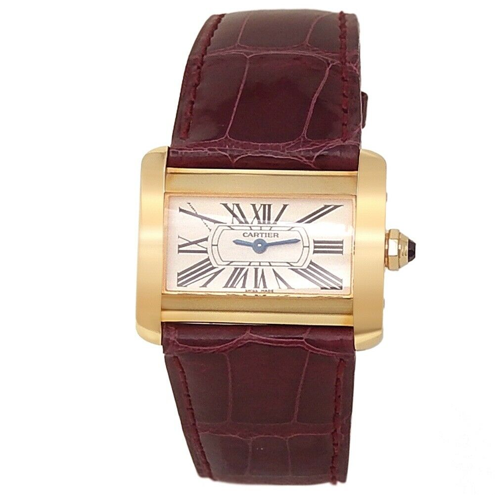Cartier Tank Divan 18k Yellow Gold Leather Quartz White Ladies Watch