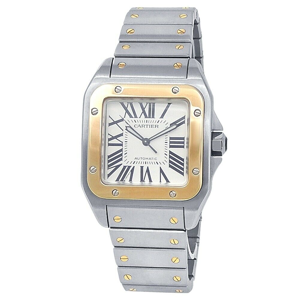 Cartier Santos 100 XL 18k Yellow Gold Steel Auto Silver Men's Watch