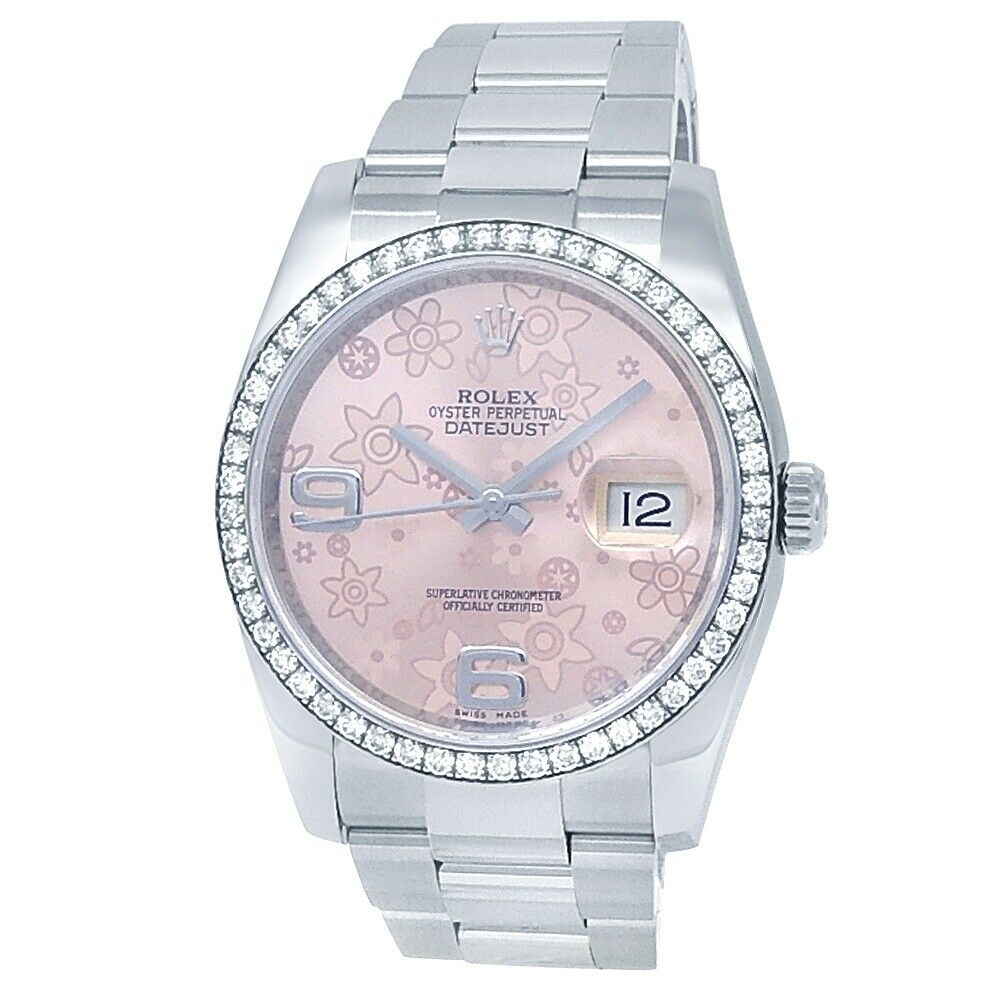 Rolex Datejust Stainless Steel Oyster Auto Diamonds Pink Floral Watch 116244