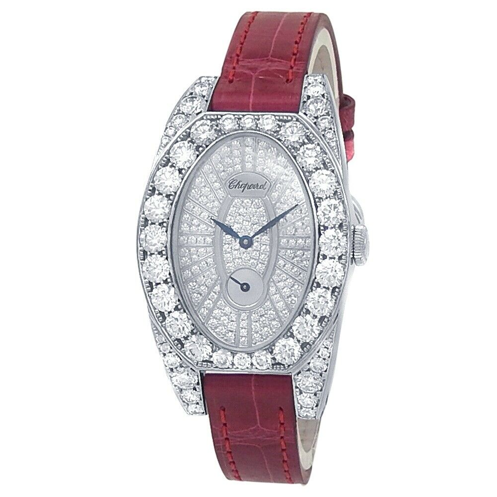 Chopard Classic Diamond 18k White Gold Leather Diamonds Ladies Watch 13/7001-20