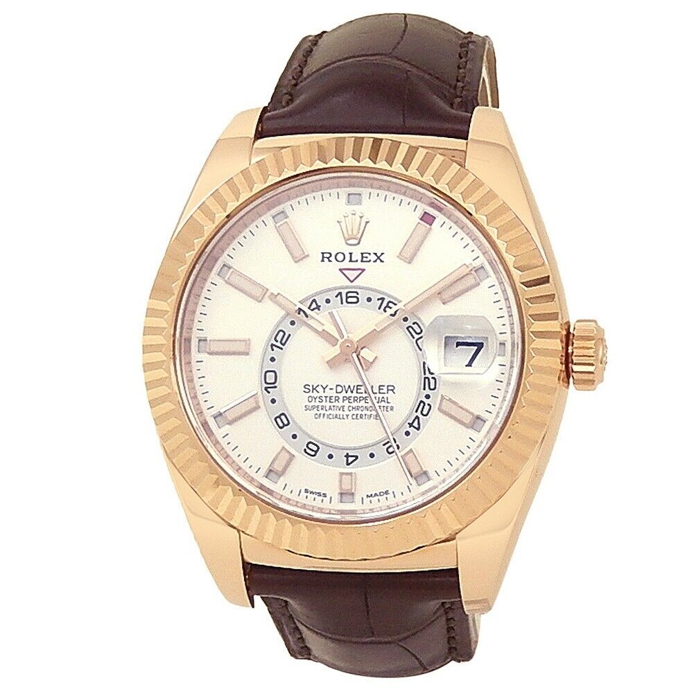 Rolex Sky-Dweller 18k Everose Gold Brown Leather Auto White Men's Watch