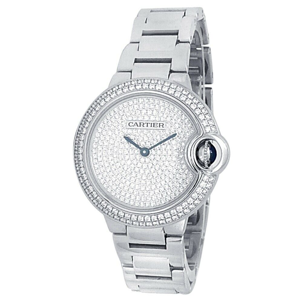Cartier Ballon Bleu 18k White Gold Automatic Diamond Pave Ladies Watch
