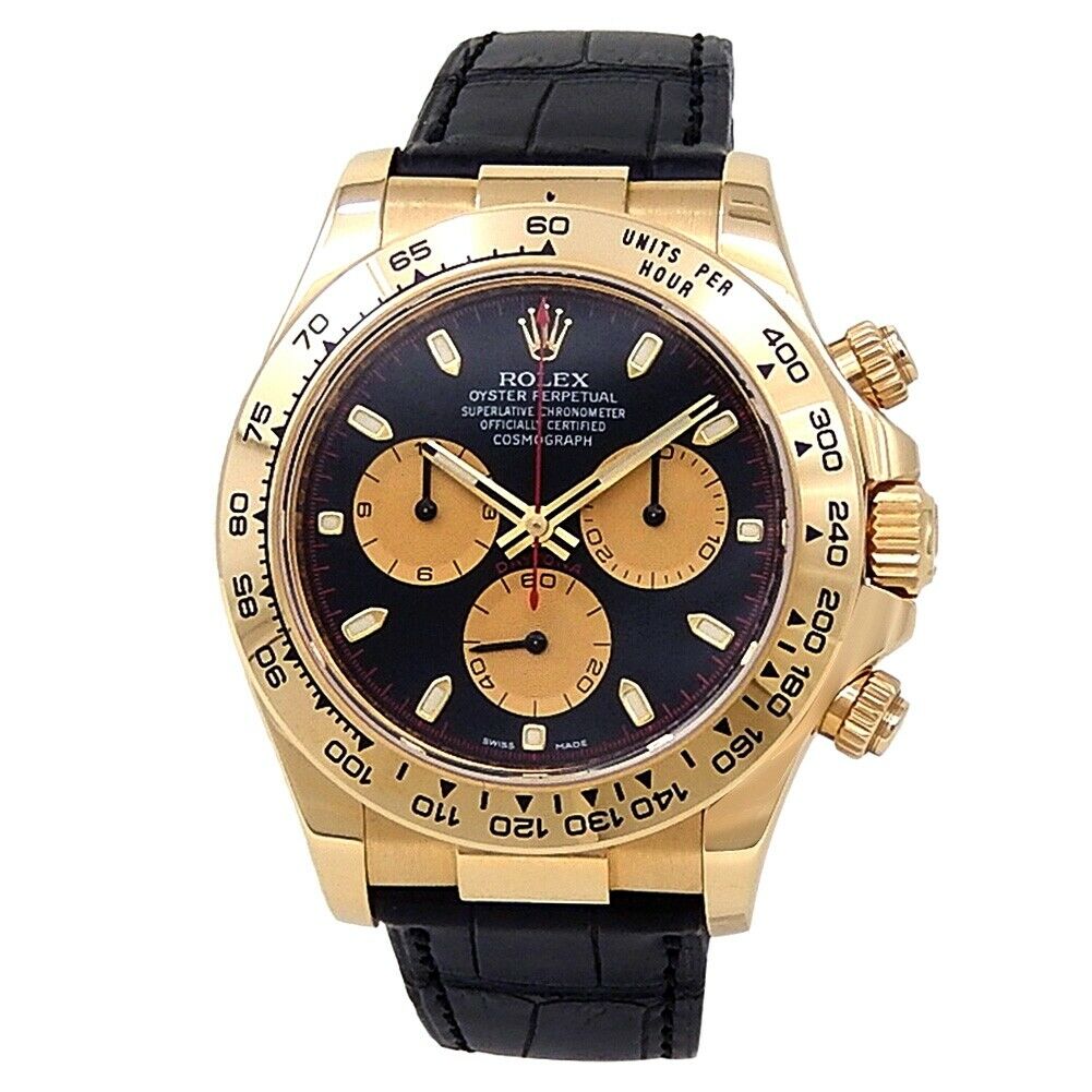 Rolex Daytona 18k Yellow Gold Black Leather Automatic Black Men's Watch