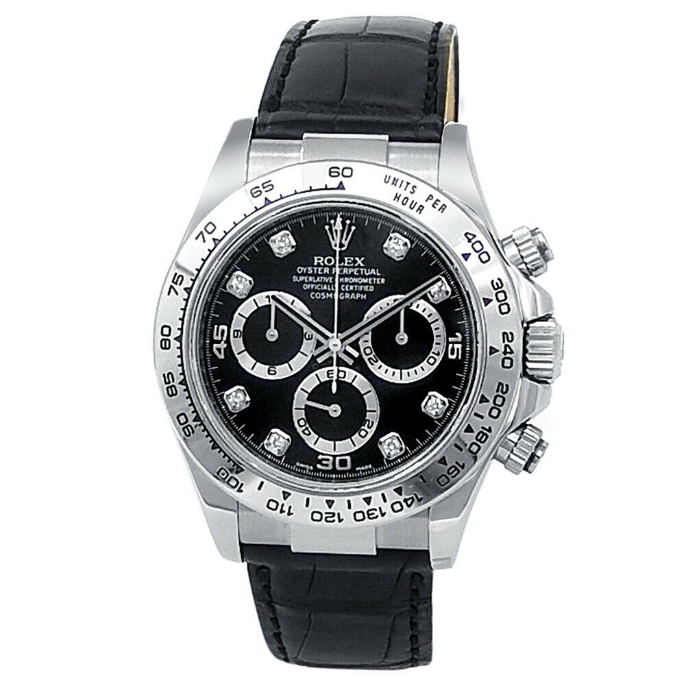 Rolex Daytona 18k White Gold Black Leather Automatic Black Men's Watch