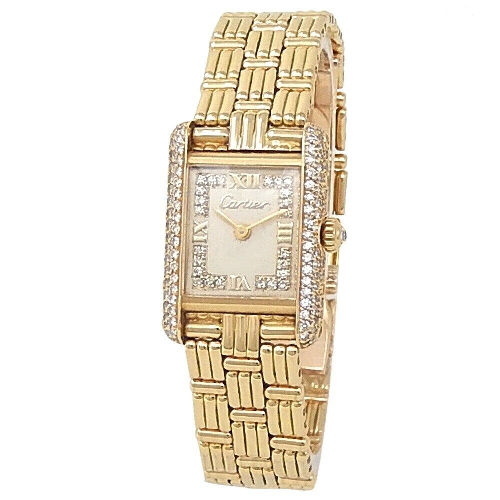 Cartier Tank 18k Yellow Gold Quartz Diamonds Silver Ladies Watch