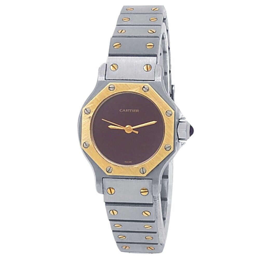 Cartier Santos Octagon 18k Yellow Gold Stainless Steel Auto Bordeaux Watch