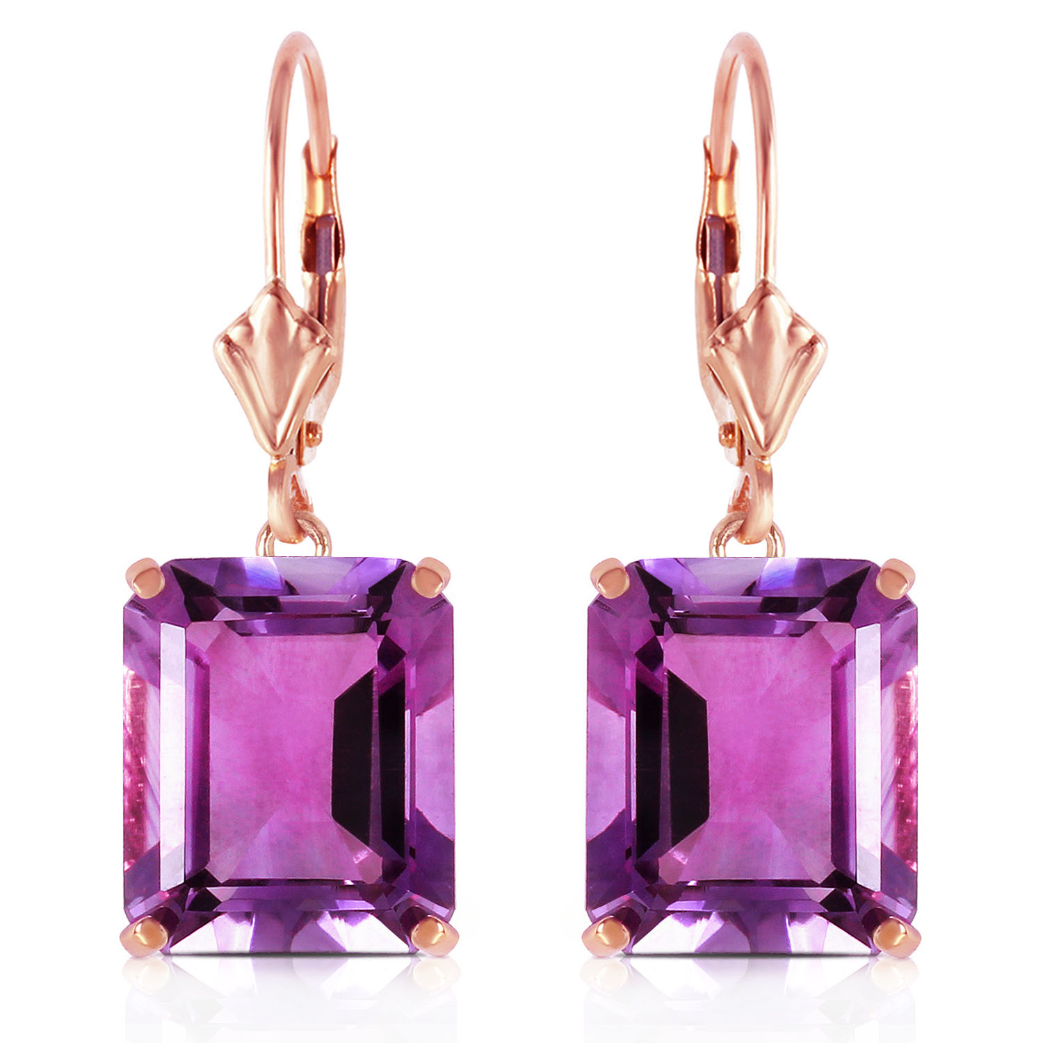 14K Solid Rose Gold Leverback Earrings with Amethyst