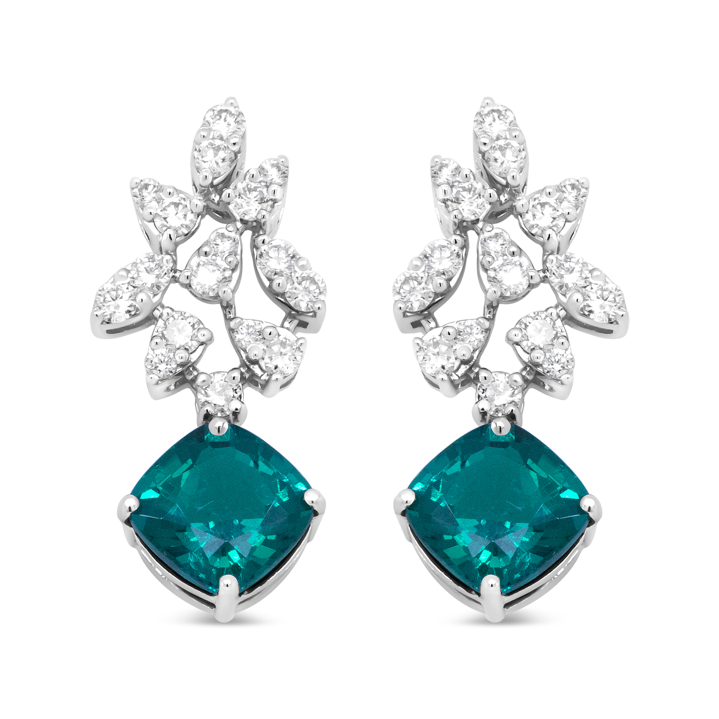 18K White Gold 1 1/10 Cttw Diamond and 7.9 x 7.7mm Green Emerald Drop Earrings (G-H Color, SI1-SI2 Clarity)