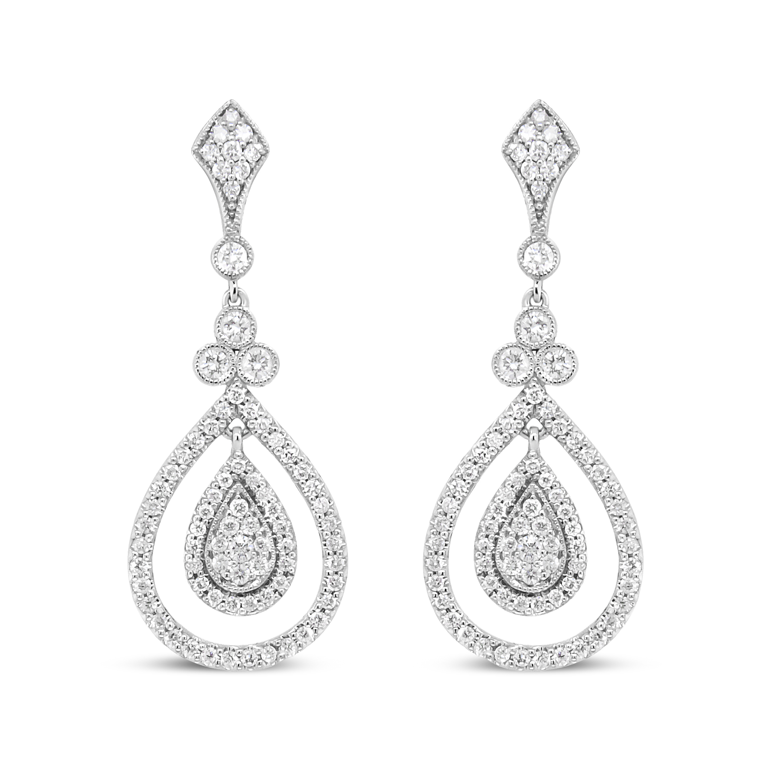 18K White Gold 1 1/4 Cttw Round Diamond Openwork Teardrop-Shaped Dangle Earrings (F-G Color, VS1-VS2 Clarity)