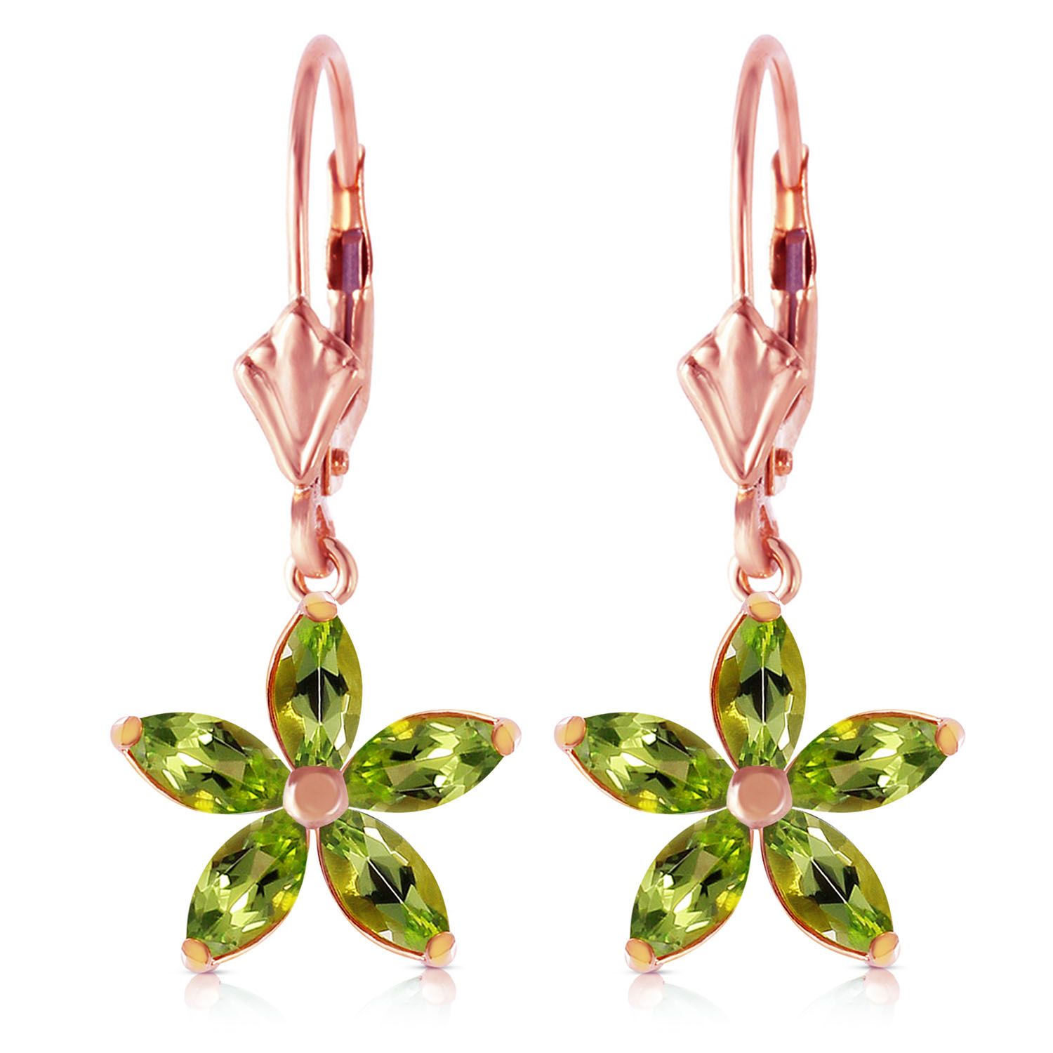 14K Solid Rose Gold Leverback Earrings with Natural Peridot
