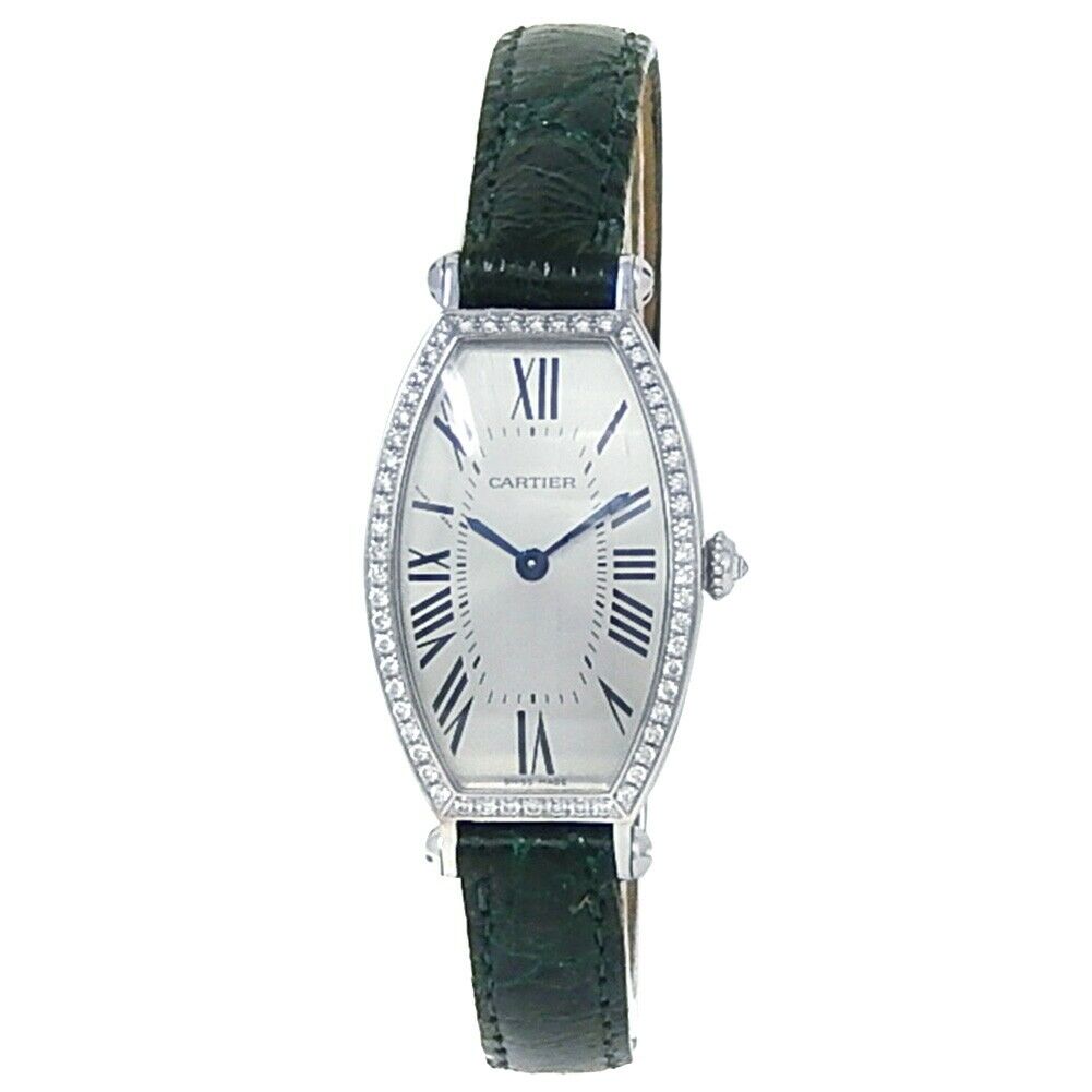 Cartier Tonneau 18k White Gold Green Leather Manual Silver Ladies Watch WE400131