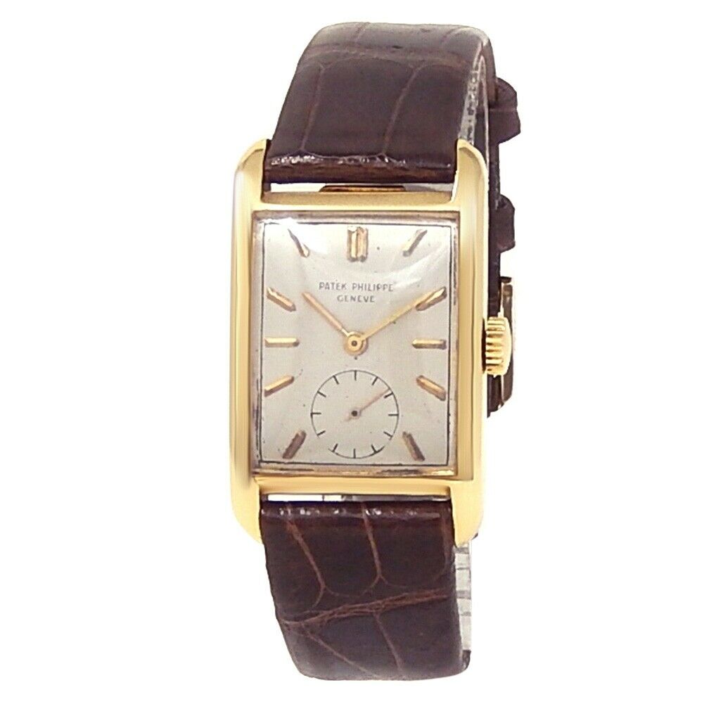 Patek Philippe Vintage Rectangle 18k Yellow Gold Leather Silver Men's Watch 2434
