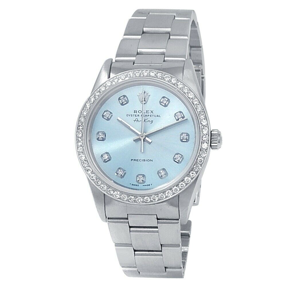 Rolex Air-King Stainless Steel Oyster Automatic Diamonds Blue Ladies Watch