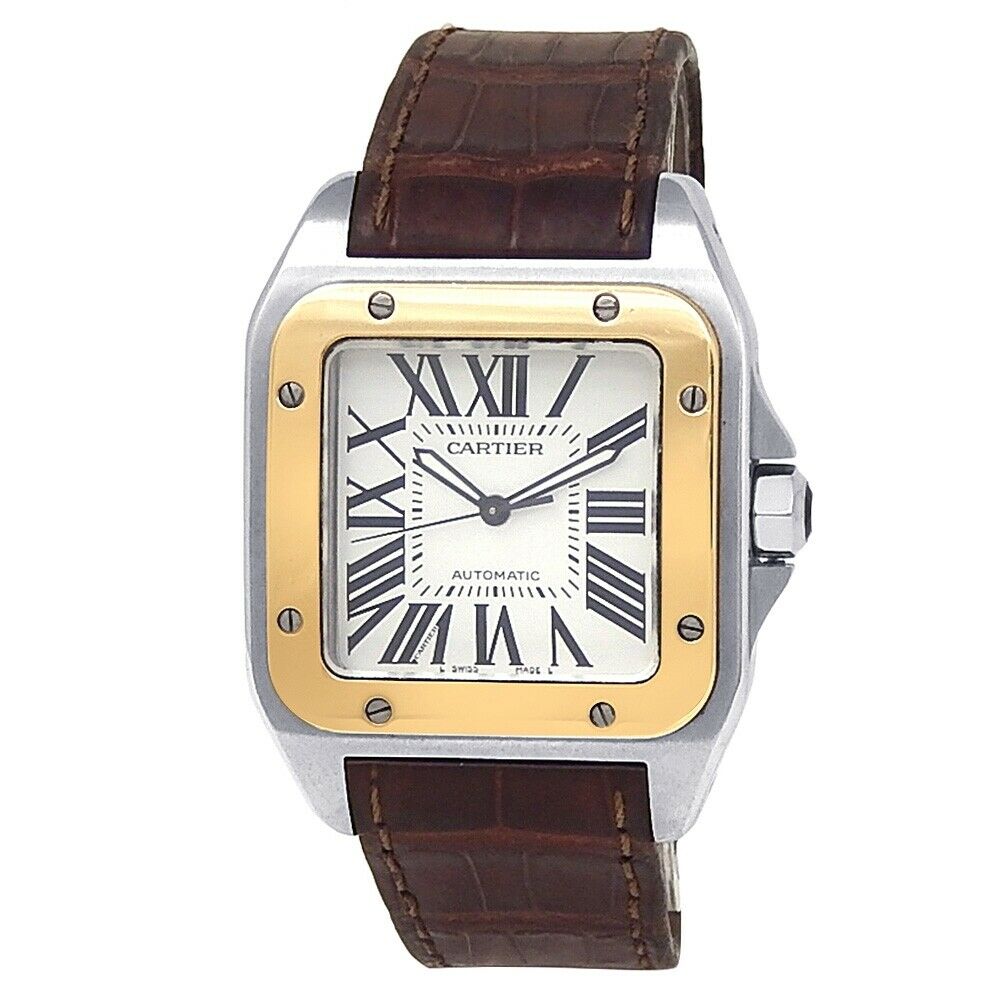 Cartier Santos 100 Stainless Steel Leather Automatic Silver Men's Watch