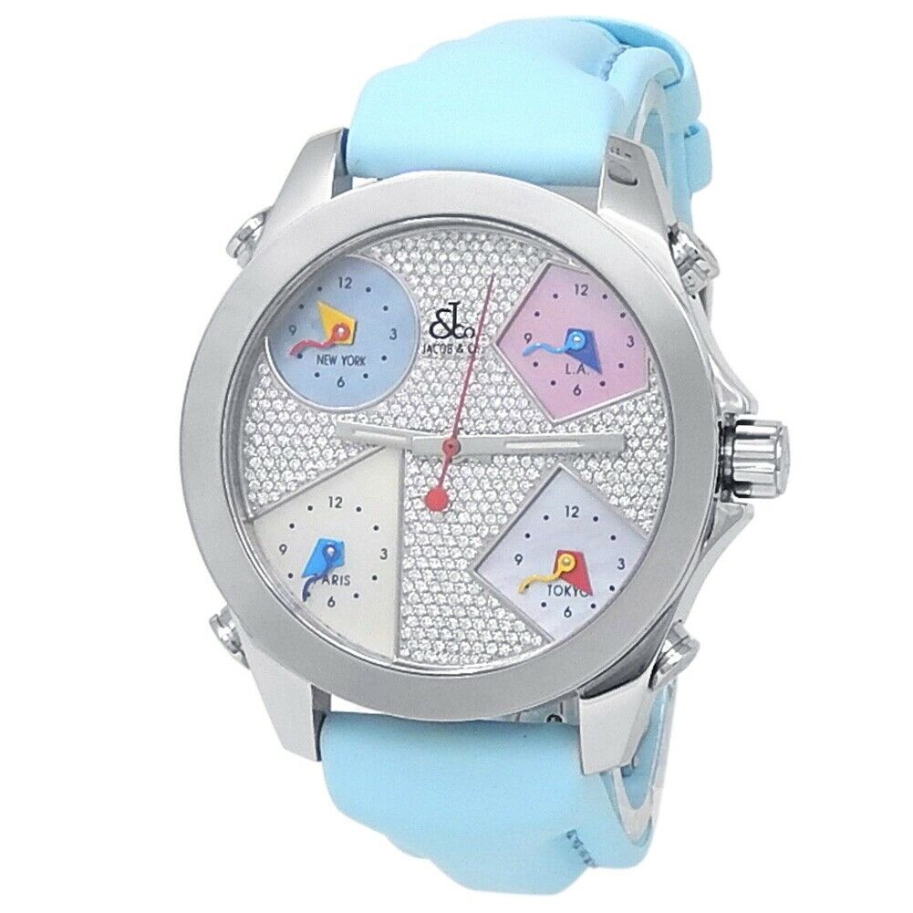 Jacob  Co Five Time Zones Stainless Steel Blue Rubber Diamonds Pave Watch JCM44