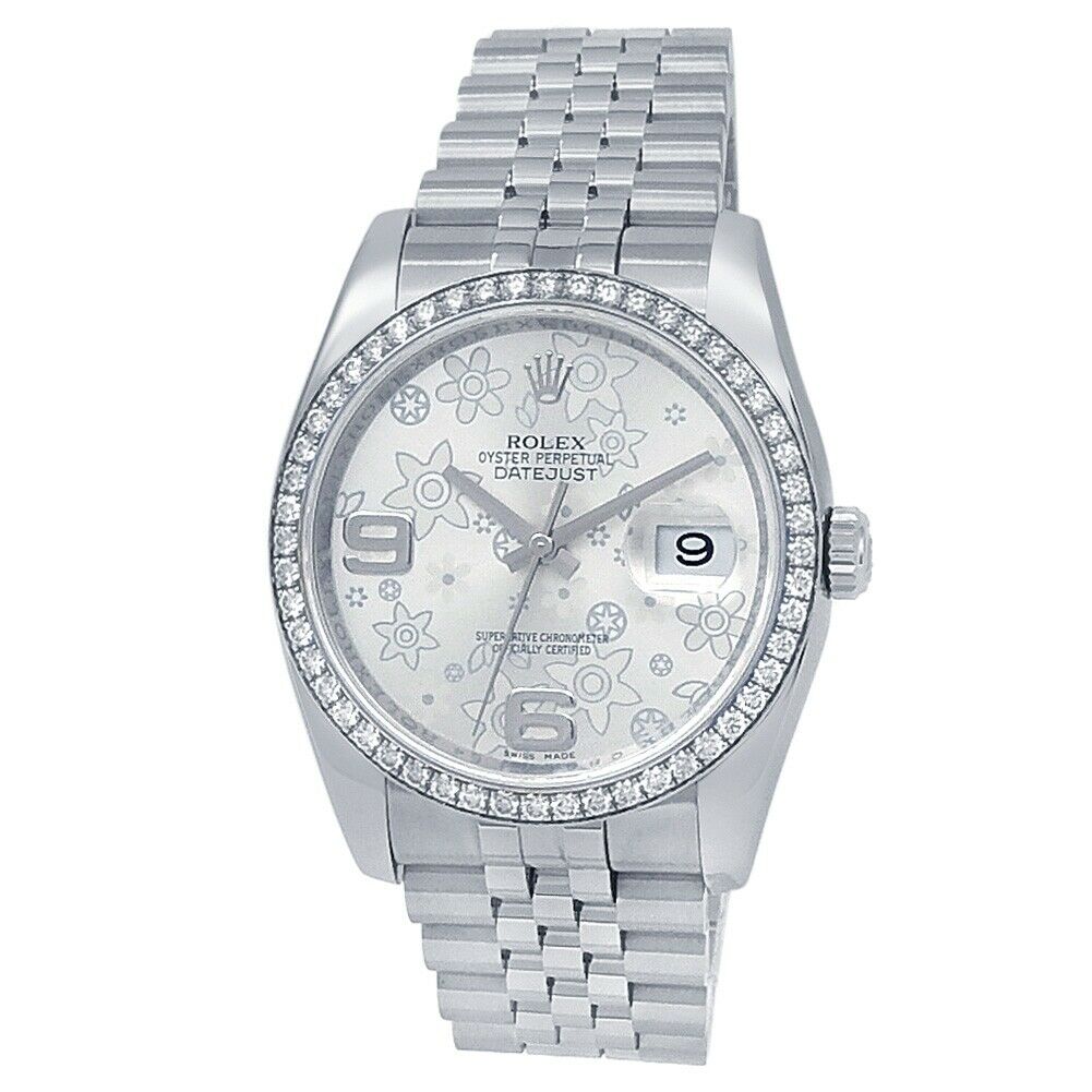 Rolex Datejust Stainless Steel Jubilee Auto Diamonds Silver Floral Watch 116244